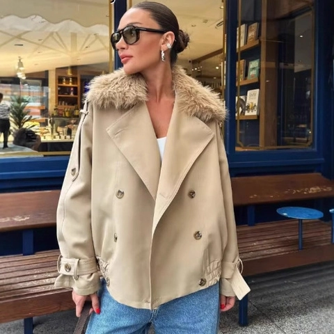 Chaqueta Trench Corta Elegante para Mujer Doble Botonadura Cortavientos Con Cuello de Piel Sintética Desmontable Color Sólido