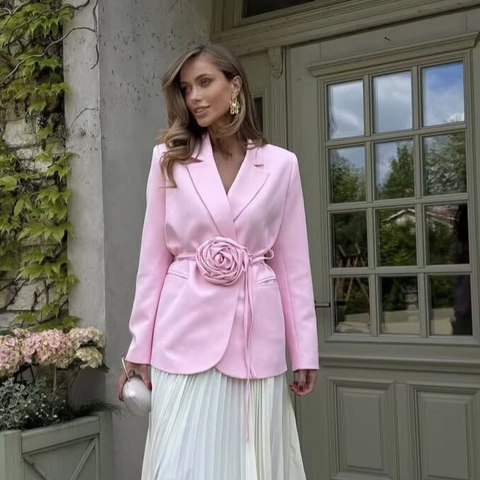 Veste Blazer Élégante à Manches Longues pour Femmes Avec Ceinture à Fleur de Rose 3D Couleur Unie Col à Revers Vêtement de Bureau