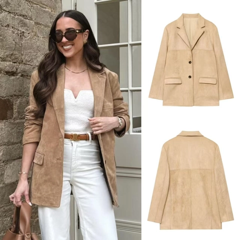 Chaqueta Americana de Gamuza Sintética para Mujer Vintage Caqui De un Solo Pecho Manga Larga Solapa Abrigo Con Bolsillos Ropa Casual de Oficina