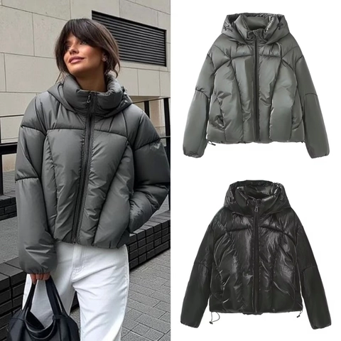 Women Metallic Puffer Jacket Hooded Glossy Quilted White Duck Down Coat Loose Short Warm Winter Parka Outerwear Streetwear