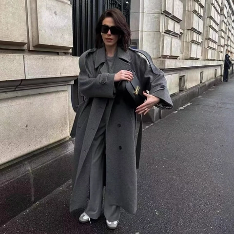 Dames Vintage Grijze Double Breasted Wollen Jas Met Riem Elegante Revers Lange Mouw Maxi Trenchcoat Bovenkleding