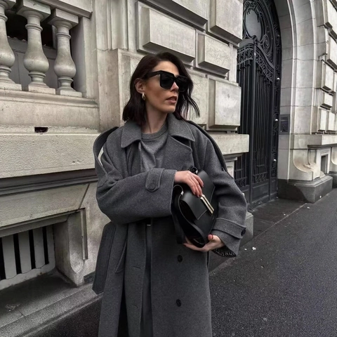 Dames Vintage Grijze Double Breasted Wollen Jas Met Riem Elegante Revers Lange Mouw Maxi Trenchcoat Bovenkleding