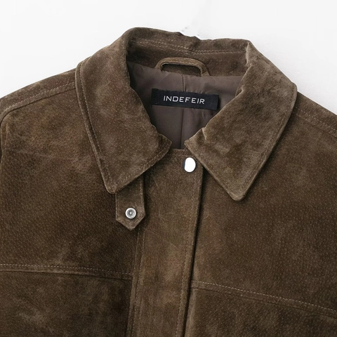 Chaqueta Utilitaria de Antelina Vintage para Mujer Color Café Oscuro Cuello Solapa Cazadora Bomber Con Bolsillos Grandes