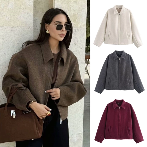 Women Vintage Woolen Jacket Minimalist Zipper Up Lapel Short Coat Solid Color Oversized Woven Outerwear Warm Fashion Top