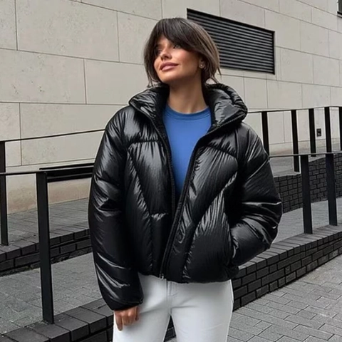 Women Metallic Puffer Jacket Hooded Glossy Quilted White Duck Down Coat Loose Short Warm Winter Parka Outerwear Streetwear