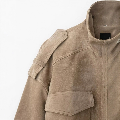 Vintage Damen Wildleder Utility Jacke Khaki Stehkragen Workwear Jacke Mit Schulterklappen Pattentaschen Elastischer Saum