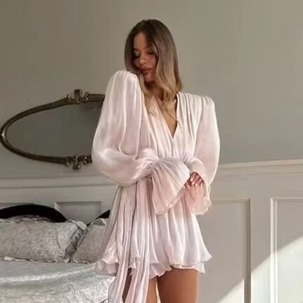 Γυναικείο Κομψό Φόρεμα από Satin Πλισέ V-λαιμόκοψη Μακρυμάνικο Καμπάνα Ζώνη Μονόχρωμο Midi Φόρεμα για Πάρτι