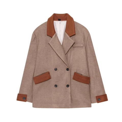 Dames Retro Patchwork Wollen Jas Double Breasted Contrastkleur Khaki Caramel Lange Mouw Elegante Reversjas Jacket