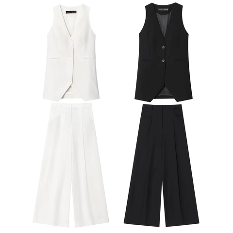 Dames Europees Minimalistisch 2-delig Pak Mouwloos V-hals Double Breasted Vest En Geplooide Lange Broek Met Wijde Pijpen Set Kantoor Casual Outfit