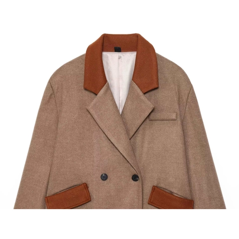 Dames Retro Patchwork Wollen Jas Double Breasted Contrastkleur Khaki Caramel Lange Mouw Elegante Reversjas Jacket