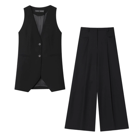 Dames Europees Minimalistisch 2-delig Pak Mouwloos V-hals Double Breasted Vest En Geplooide Lange Broek Met Wijde Pijpen Set Kantoor Casual Outfit