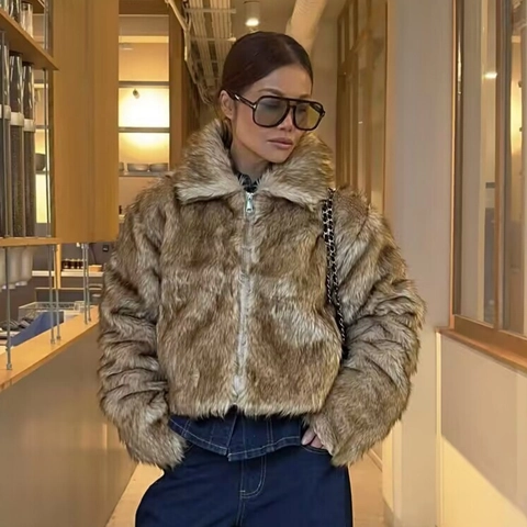 Giacca Casual in Ecopelliccia da Donna Cappotto Corto in Ecopelliccia con Rever e Cerniera Soprabito Caldo Invernale Marrone