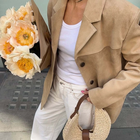 Chaqueta Americana de Gamuza Sintética para Mujer Vintage Caqui De un Solo Pecho Manga Larga Solapa Abrigo Con Bolsillos Ropa Casual de Oficina