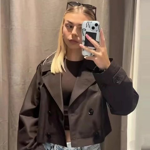 Dames Casual Korte Double Breasted Trenchcoat Revers Jas Met Epauletten En Manchetriemen Stijlvolle Herfst Bovenkleding
