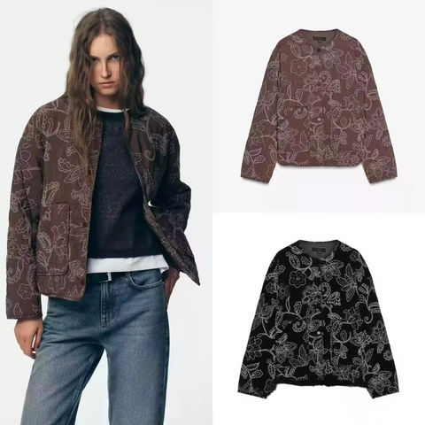 Veste Matelassée Vintage à Broderie Florale pour Femme Col Rond Manches Longues Simple Boutonnage Manteau Rembourré Décontracté
