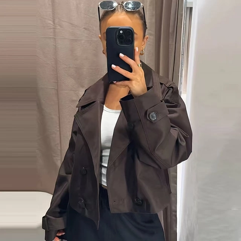 Dames Casual Korte Double Breasted Trenchcoat Revers Jas Met Epauletten En Manchetriemen Stijlvolle Herfst Bovenkleding