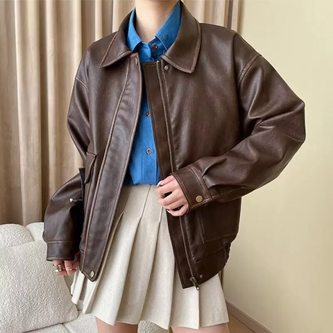 Veste en Similicuir PU Marron Vintage pour Femme Oversized Streetwear Moto Biker Manteau Avec Fermeture Éclair Poches à Rabat Col Rabat