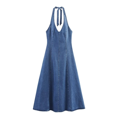Halter Neck Backless Denim Maxi Dress Elegant V Neck Sleeveless A-Line Long Jean Sundress For Women Deep Blue