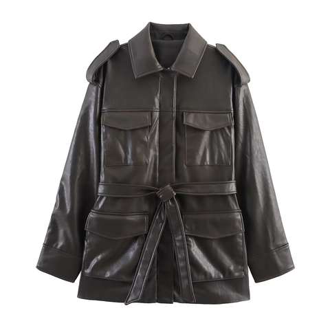 Women Vintage Dark Brown Faux Leather Jacket With Belt Utilitarian Cargo Multi Pockets Lapel Long Sleeve PU Moto Coat
