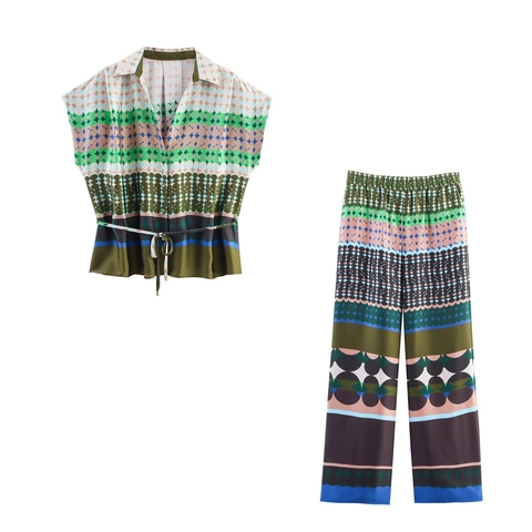 Women Casual Two Piece Set Satin Geometric Print Shirt And High Waist Wide Leg Pants Streetwear Summer Outfits For Ladies