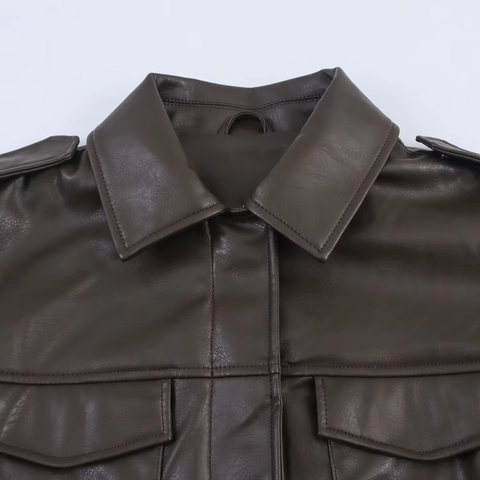 Women Vintage Dark Brown Faux Leather Jacket With Belt Utilitarian Cargo Multi Pockets Lapel Long Sleeve PU Moto Coat