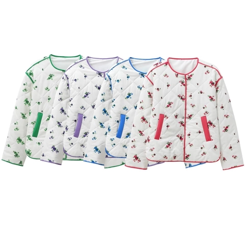 Veste Matelassée Décontractée pour Femmes Imprimé Floral Vintage Col Rond Manches Longues Bouton Pression Manteau Rembourré