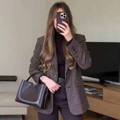 Giacca Blazer da Donna Elegante Pied de Poule Revers Manica Lunga Monopetto Ufficio Commuter Casual Cappotto Completo
