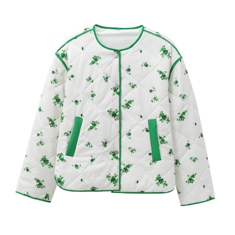 Veste Matelassée Décontractée pour Femmes Imprimé Floral Vintage Col Rond Manches Longues Bouton Pression Manteau Rembourré