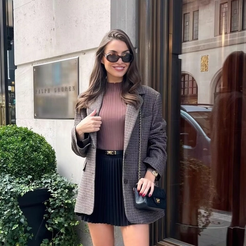 Giacca Blazer da Donna Elegante Pied de Poule Revers Manica Lunga Monopetto Ufficio Commuter Casual Cappotto Completo