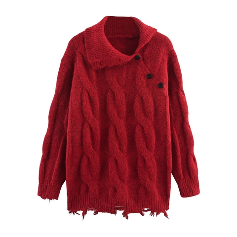 Maglione da Donna Casual Largo a Trecce Con Bottone Asimmetrico Orlo Usurato Maglia a Maniche Lunghe Top in Misto Morbido