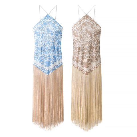 Damen Elegant Neckholder Floral Print Fransen Maxikleid Boho Rückenfrei Ärmellos Quasten Langes Kleid Für Urlaub Party