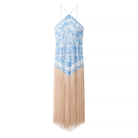 Damen Elegant Neckholder Floral Print Fransen Maxikleid Boho Rückenfrei Ärmellos Quasten Langes Kleid Für Urlaub Party