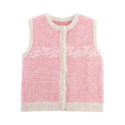 Gilet en Tricot Jacquard Décontracté pour Femmes Motif Fleurs Col Rond Boutonné Cardigan Sans Manches pour le Quotidien Streetwear