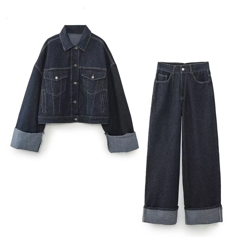 Conjunto de 2 Piezas de Mezclilla Azul Oscuro para Mujer Chaqueta de Algodón Y Pantalones de Pierna Ancha Cintura Alta