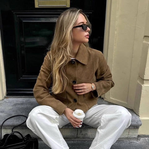 Women Fashion Faux Suede Jacket Short Single Breasted Lapel Coat With Pockets Elegant Casual Spring Autumn Outerwear