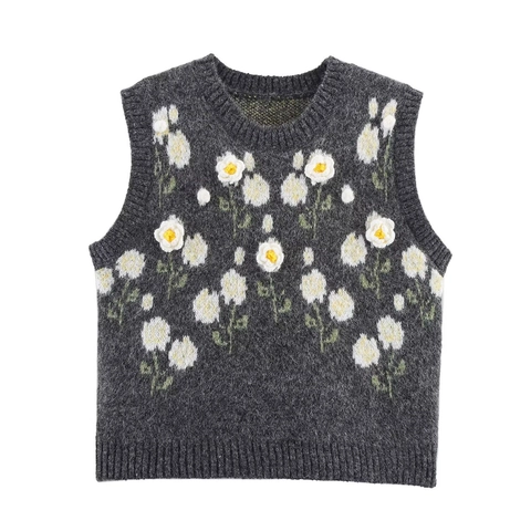 Gilet en Maille Vintage pour Femmes Sans Manches Col Rond Pull avec Motif de Fleur au Crochet 3D Streetwear Décontracté