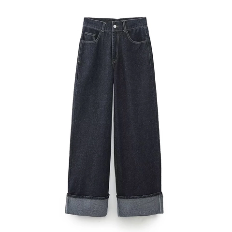 Women High Waisted Wide Leg Jeans Dark Blue Cuffed Hem Denim Pants Retro Straight Leg Casual Trousers With Cinch Back