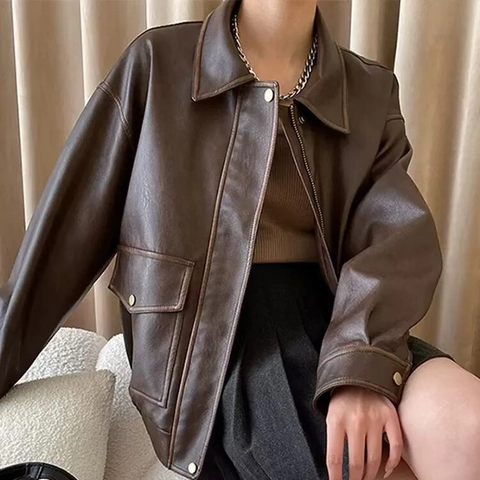 Veste en Similicuir PU Marron Vintage pour Femme Oversized Streetwear Moto Biker Manteau Avec Fermeture Éclair Poches à Rabat Col Rabat
