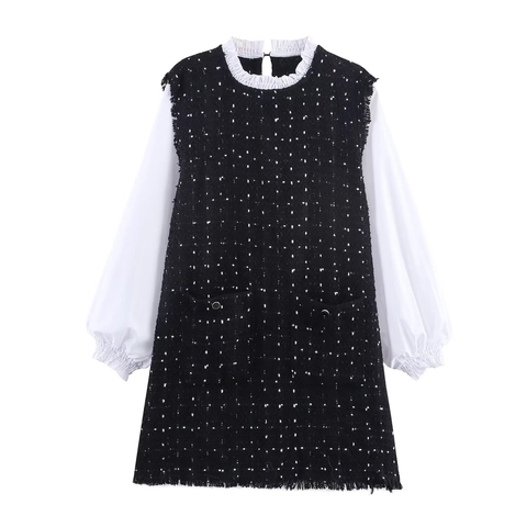 Women Elegant Tweed Stitching Mini Dress Lantern Sleeve Ruffle Collar Color Block Pullover A-Line Dress