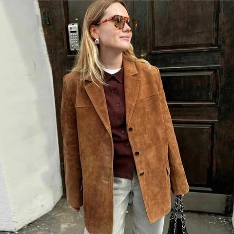Chaqueta Blazer de Gamuza Sintética Vintage para Mujer Cuello de Solapa Manga Larga Color Sólido Bolsillo Informal Otoño