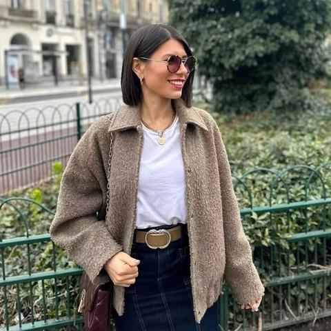 Giacca da Donna Casual in Pile Teddy Sherpa Cappotto Corto Spesso Caldo Tinta Unita Maniche Lunghe Capispalla Chic Revers per Autunno Inverno