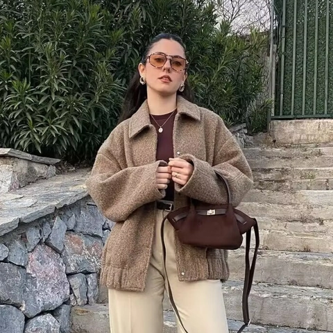 Giacca da Donna Casual in Pile Teddy Sherpa Cappotto Corto Spesso Caldo Tinta Unita Maniche Lunghe Capispalla Chic Revers per Autunno Inverno