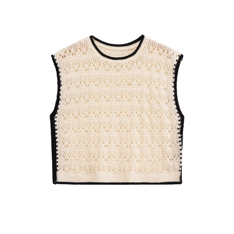 Gilet Donna Casual in Maglia all'Uncinetto con Bordo a Contrasto Senza Maniche Girocollo Maglieria Traforata Pullover Canotta Corta