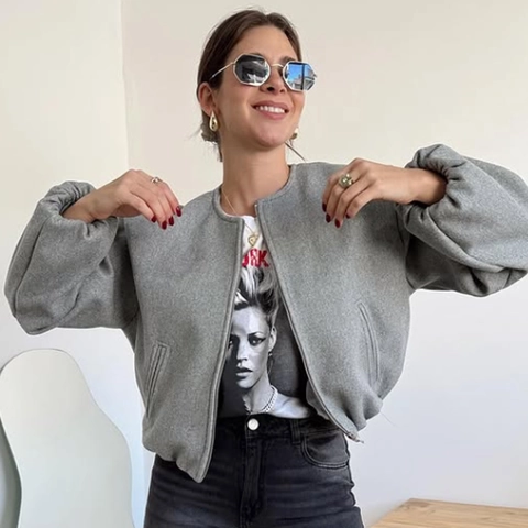 Damen Kurz Bomberjacke Wollgewebe Rundhals Reißverschluss Einfarbig Laternenärmel Casual Chic Oberbekleidung Mantel Für Damen