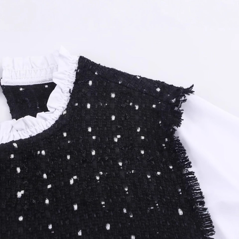 Women Elegant Tweed Stitching Mini Dress Lantern Sleeve Ruffle Collar Color Block Pullover A-Line Dress