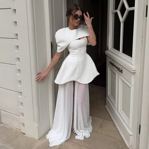 Französischer Chic Zweiteiler Rock Set Damen Elegant Hollow Out Cape Top Und Hohe Taille Schlitz Langer Rock Abendkleid Party