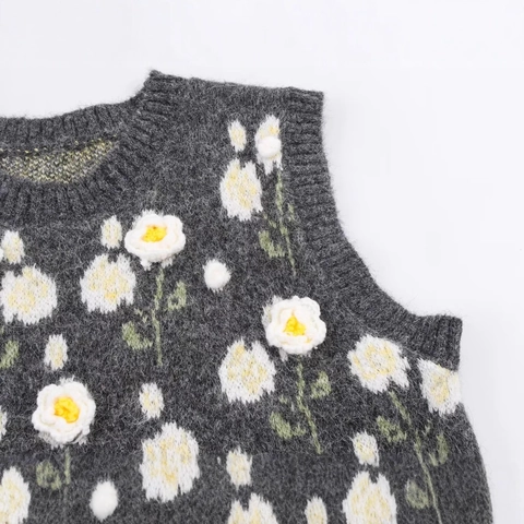 Gilet en Maille Vintage pour Femmes Sans Manches Col Rond Pull avec Motif de Fleur au Crochet 3D Streetwear Décontracté