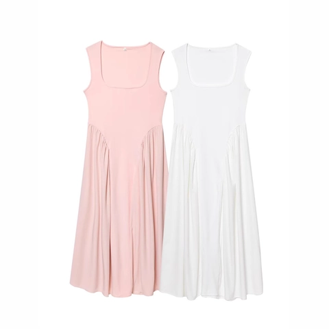 Vestido Maxi de Punto para Mujer Elegante sin Mangas Cuello Cuadrado Casual Fruncido Lateral Color Sólido Plisado Largo Verano