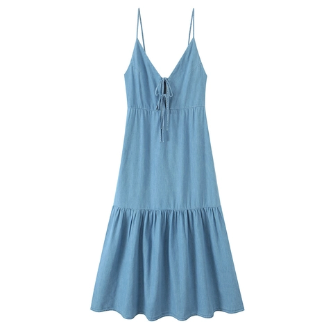 Robe Midi à Bretelles Bleu Clair pour Femmes Noeud Col en V Dos Nu Ourlet à Volants Style Denim Élégante Décontractée Été