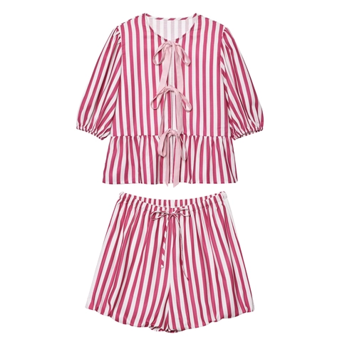 Women Striped Top And Shorts Sweet Puff Sleeve Peplum Bow Front Blouse High Waist Casual Summer Vacation Streetwear Outfit